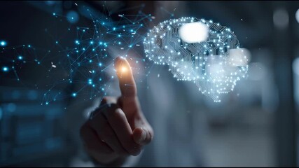 Artificial intelligence digital brain neural network technology innovation human finger futuristic data connection science creativity intelligence glowing modern virtual interface progress curiosity - Powered by Adobe