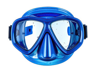 Close-up of a blue scuba diving mask with a black strap, showcasing lenses
