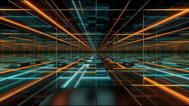 Futuristic mirrored room with glowing orange and blue neon lines, symmetrical digital tunnel effect, geometric grid pattern, reflective surfaces, immersive atmosphere, evoking innovation