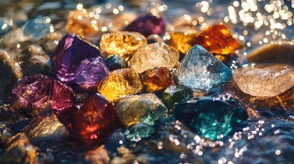 A macro shot of glittering gemstones embedded in a rivera??s edge