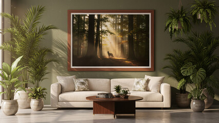 Cozy living room interior with green walls and forest landscape art
