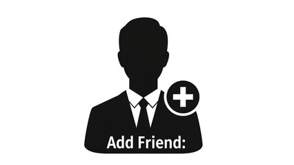 Silhouette of businessman with add friend icon in black and white minimalist style for social media interface