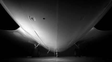 The back of a plane is shown in black and white