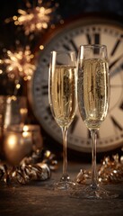 Festive New Year Scene with Champagne and Clock for 2026 Celebration