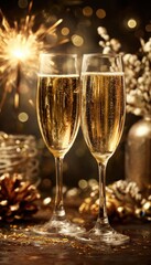 Elegant Holiday Still-Life with Champagne Flutes and Sparkling Fireworks