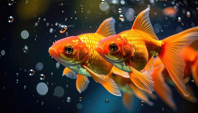 Two vibrant goldfish swimming together amidst rising air bubbles in dark water.