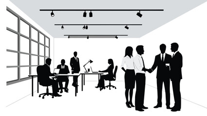 Diverse group of professionals in silhouette, collaborating and networking within a modern office setting with natural light.