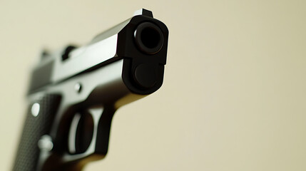 A close-up view of a dark handgun against a light background. The focal point is the barrel, emphasizing the weapon's form and intent. Minimalist setting, highlighting detail.