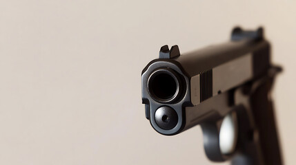 Focused shot of a gun's barrel on a soft background. The gun dominates the frame, emphasizing its sleek design. The photo has been professionally edited for detail.