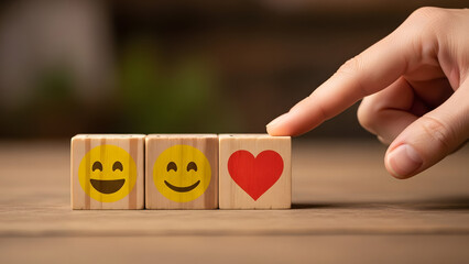 Hand adjusting wooden blocks with smiling emoji and heart symbol