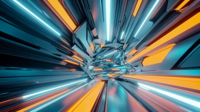 High-tech data flow concept depicting a fast-paced digital journey through a neon-lit futuristic tunnel, suitable for internet connectivity, fiber optics, and artificial intelligence themes