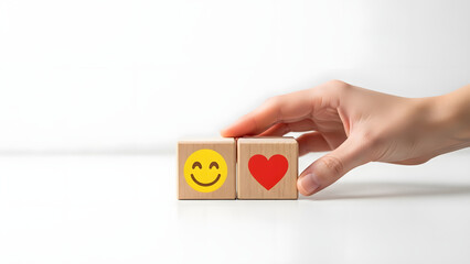 Hand placing wooden blocks with emoji and heart symbol