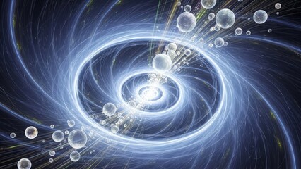 Vibrant swirling spiral light with glowing orbs in space