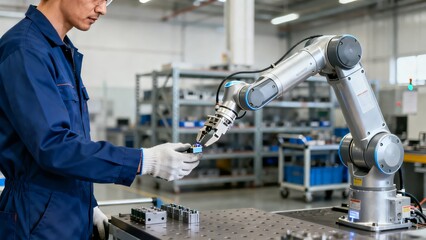 Technician wearing blue coveralls or denim and white gloves working with an industrial robotic arm or cobot on a metal workbench in a factory workshop