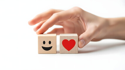 Hand placing wooden blocks with emoji and heart symbol