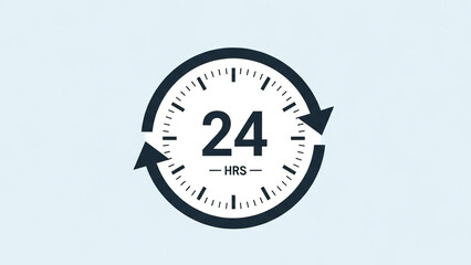 24 Hour Clock with Circular Arrows in Simple Minimalist Design with Dark Gray and White Colors on Light Background for Time Management