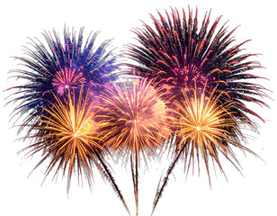 Colorful firework explosions against a black background, showcasing multiple vibrant bursts and trails