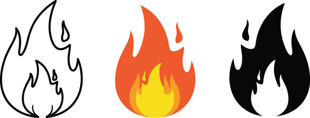 Fototapeta premium Fire flame icons set in outline, colored and solid style, burning heat symbols for safety, danger and energy design
