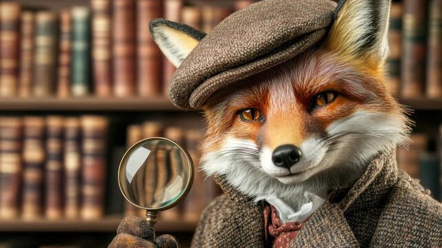 Fox detective in a tweed outfit inspects a clue with a magnifying glass in a book-lined library. The anthropomorphic character wears a cap and coat and conveys curiosity and an old-fashioned sleuth at