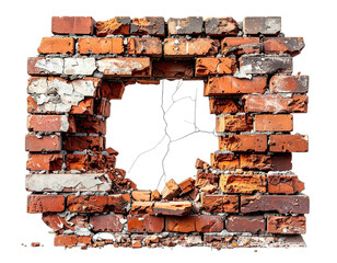 A weathered, close-up view of a crumbling brick wall with a large, irregular hole revealing darkness