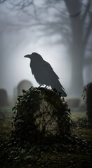 Fototapeta premium Black raven perched on an old ivy-covered tombstone in a misty, eerie graveyard. Spooky Halloween scene with an ominous bird of superstition and death.