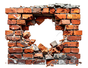 Close-up of a brick wall with a large, irregular hole, showing destruction and decay