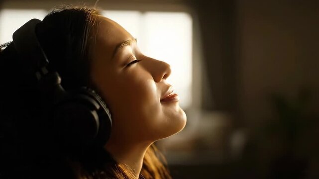 Young woman enjoying music with headphones, eyes closed in peaceful moment.
