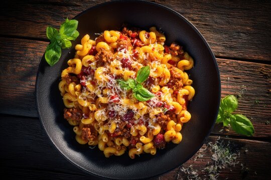 Cavatappi Pasta with Rich Bolognese Sauce, Grated Parmesan Cheese, and Fresh Basil Garnish in a Black Bowl on Rustic Dark Wood Background.