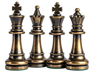Close-up of four bronze chess pieces, a knight, king, knight, and queen, on a black background