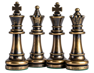 Close-up of four bronze chess pieces, a knight, king, knight, and queen, on a black background