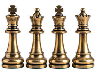 Four antique bronze chess pieces arranged horizontally, depicting the King and Queen