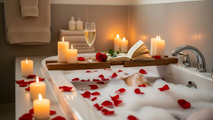 Romantic bubble bath, warm candle light, relaxation and pampering