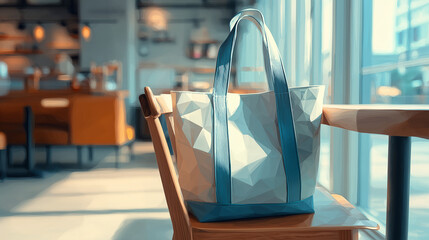 床にさりげなく置かれたトートバッグが、外出先のカフェの穏やかな雰囲気を伝える風景の水彩ポリゴン