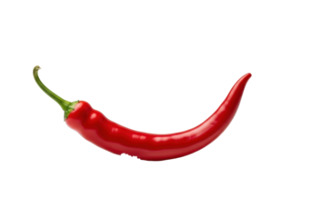 A single, pristine, deep red chili pepper with a glossy finish and green stem, resting on a white ceramic plate with sea salt flakes, transparent studio background. Concept for gourmet food