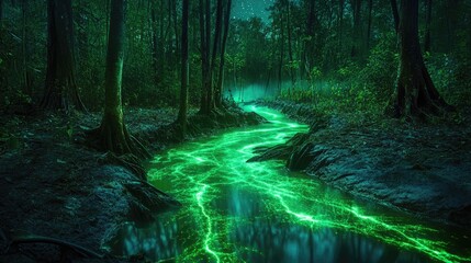 A surreal glowing algae river bending through a dense forest at night