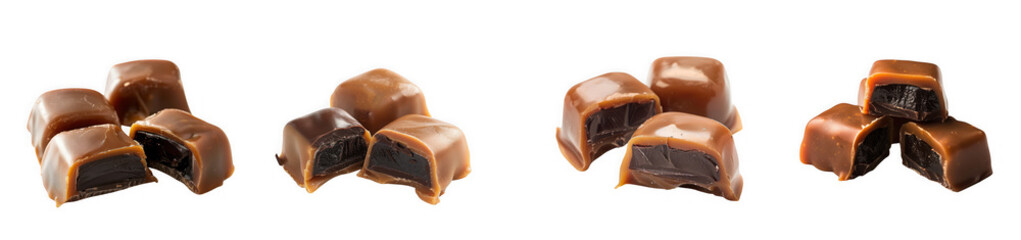 Obraz premium Four arrangements of glistening caramel candies showcasing rich textures and warm hues on transparent background