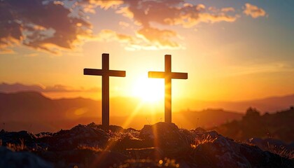 Two wooden crosses silhouetted against a brilliant, golden sunset over rolling hills.