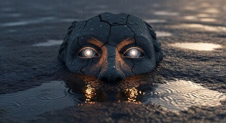 Ancient stone head with glowing galaxy eyes partially submerged in water under rain. Concept of archaeological discovery, science, and mystery.