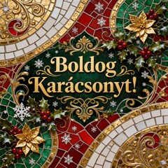 Boldog Kar&aacute;csonyt! Hungarian Christmas greeting on a vibrant luxurious mosaic background with elaborate festive elements in gold, red and green  