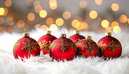 Close-up of red Christmas ornaments decorated with gold snowflakes resting on soft white fur with warm bokeh lights in the background.