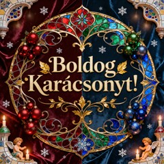 Christmas card in Hungarian with festive ornaments, angels, and Boldog Kar&aacute;csonyt! greeting on a vibrant luxurious stained glass and velvet background with architectural elements
