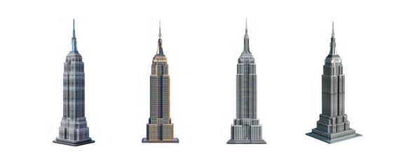 Four depictions of skyscrapers showcasing varying shades and details isolated on transparent background high quality professional