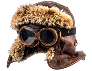 Close-up of vintage pilot's leather hat with fur lining and goggles, isolated on black background