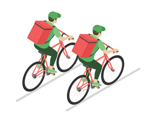 Fototapeta premium Delivery couriers riding bikes with red delivery bags - flat vector illustration