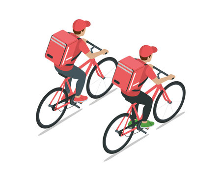 Isometric delivery couriers riding bicycles with packages