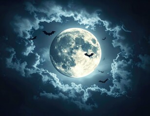 A dramatic scene depicting a glowing full moon surrounded by dark, swirling clouds and silhouetted bats flying across the night sky.