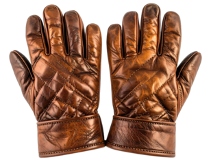 Close-up of two quilted, brown leather gloves with weathered textures and open palms