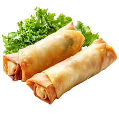Crispy spring rolls with lettuce leaves, isolated on transparent background