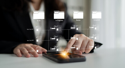 Task workflow system showing document progress through stages. Task tracking improves productivity, ensures visibility, task tracking supports planning, and task tracking manages status. Latch