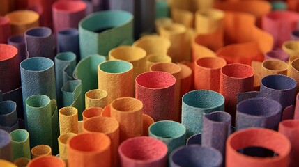 Colorful tokens rising through a sea of vibrant cylindrical objects in various sizes and hues